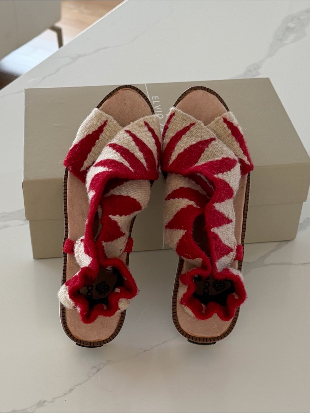 Boutique Red & White Woven Sandals. Purchase in Oaxaca Mexico